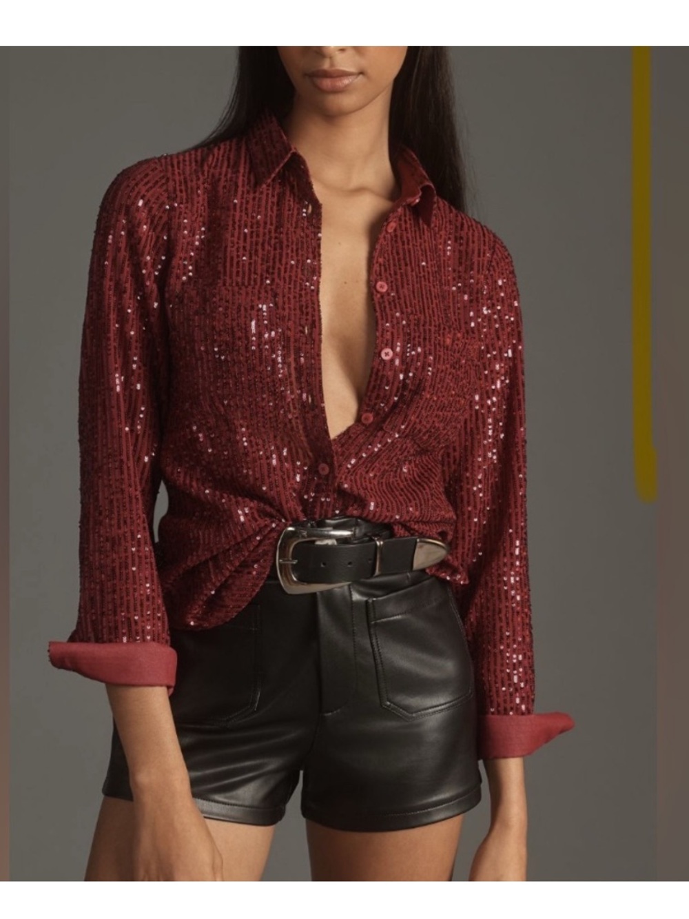 Anthropologie Sequin Button Down Top Small Berry Maroon Long Sleeve Holiday